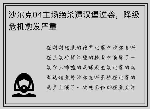 沙尔克04主场绝杀遭汉堡逆袭，降级危机愈发严重